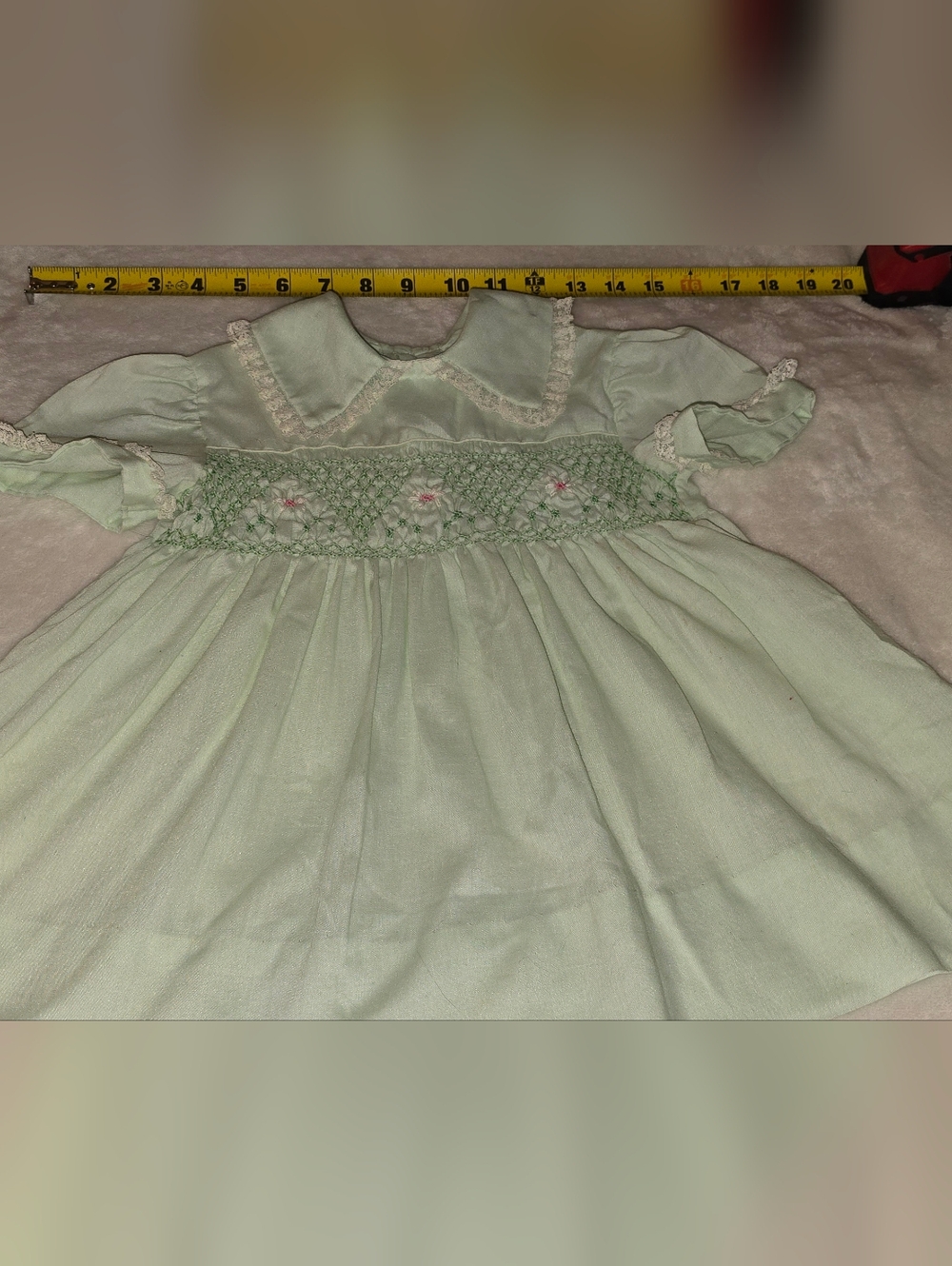 Vintage 1980 Smocked Light Green Baby Dress Embroidered Floral Collar Lace Trim